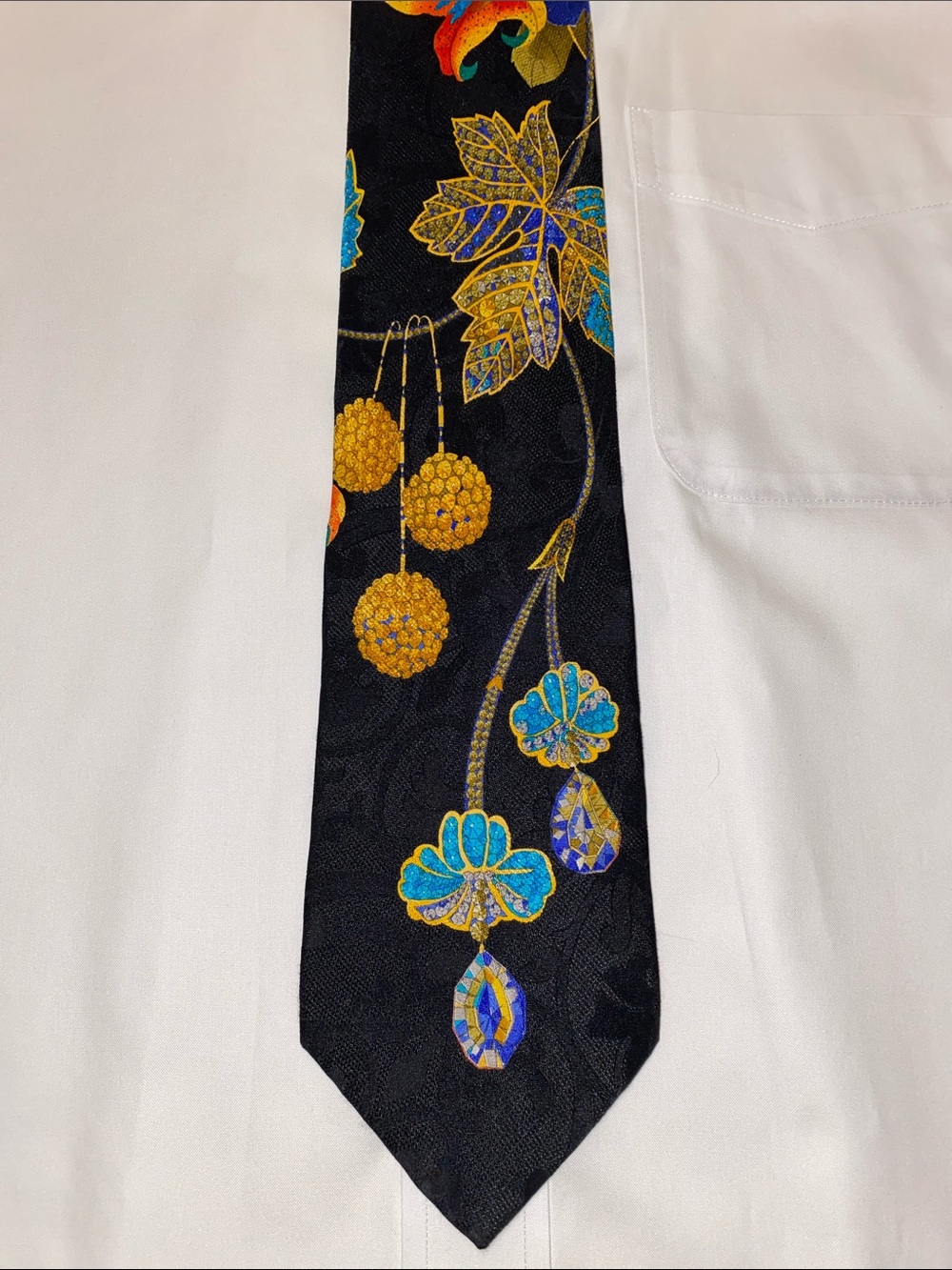 Leonard Paris Men's Black Silk Tie with Gold, Orange and Turquoise Floral Motif